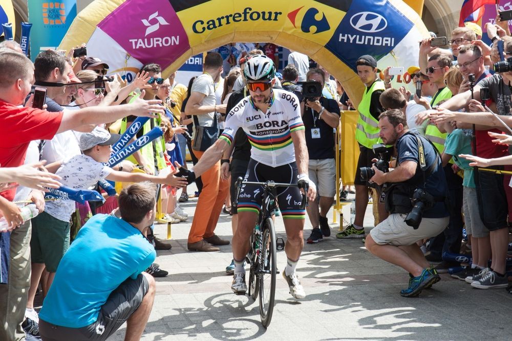 July 29, 2017. Tour de Poland. In the photo, famous cyclist Peter Sagan is shown during the honorary start of the race.
