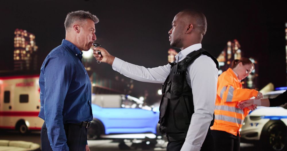 Police Officer Administering Breathalyzer Test To Intoxicated Male Driver At Scene.