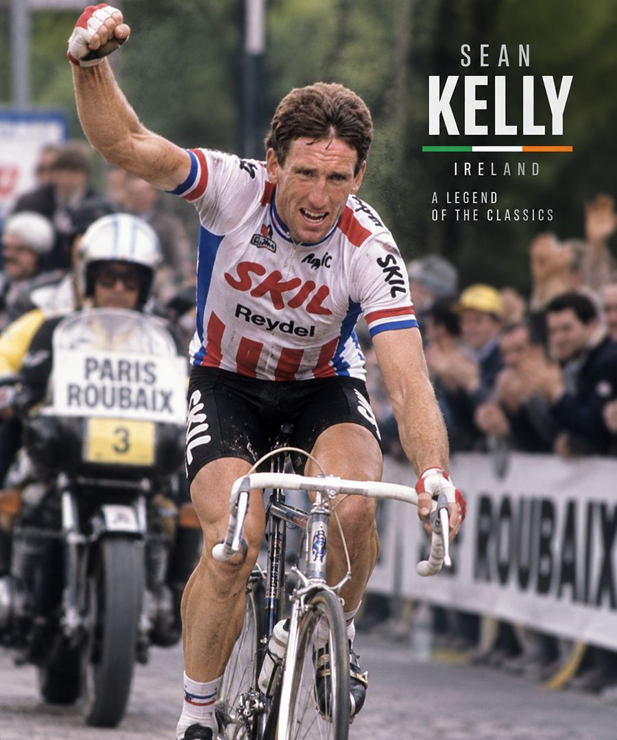 illustration of famous professional Irish cyclist Sean Kelly racing at Paris-Roubaix