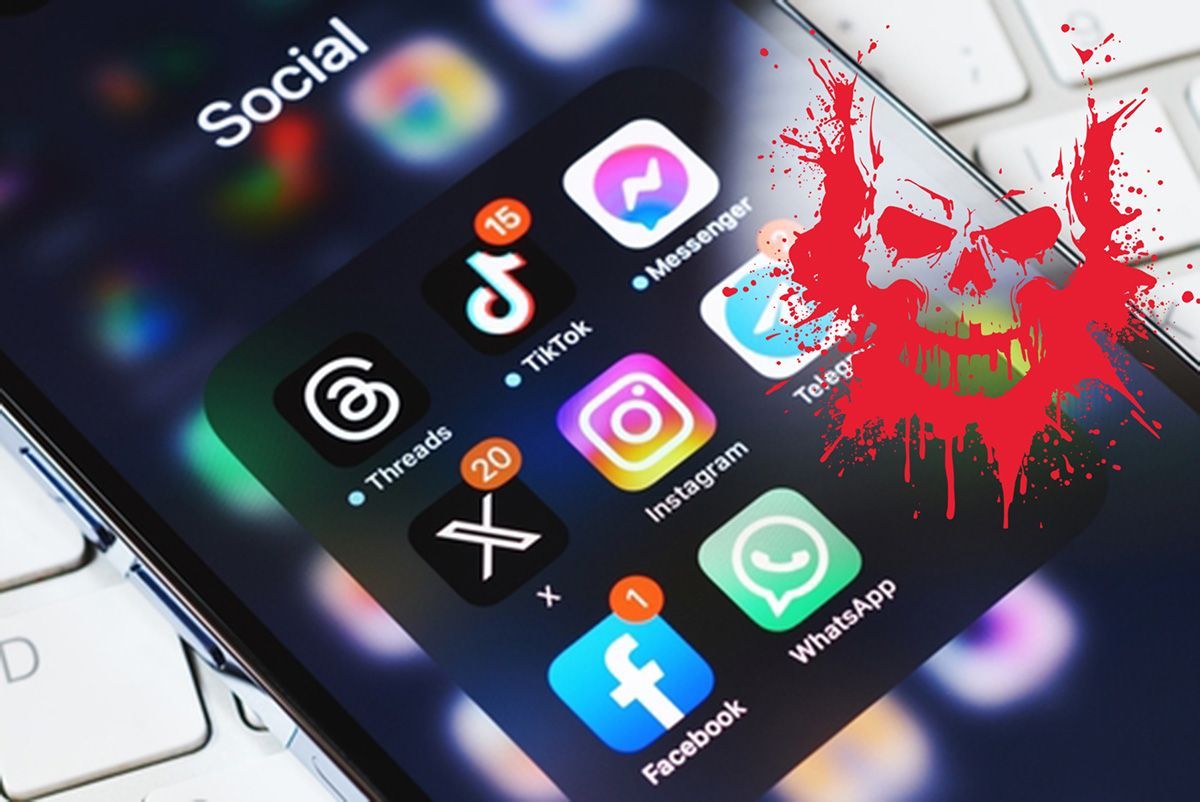 Social Media Icons on a phone with a deadly skull indicating the dangers of social media