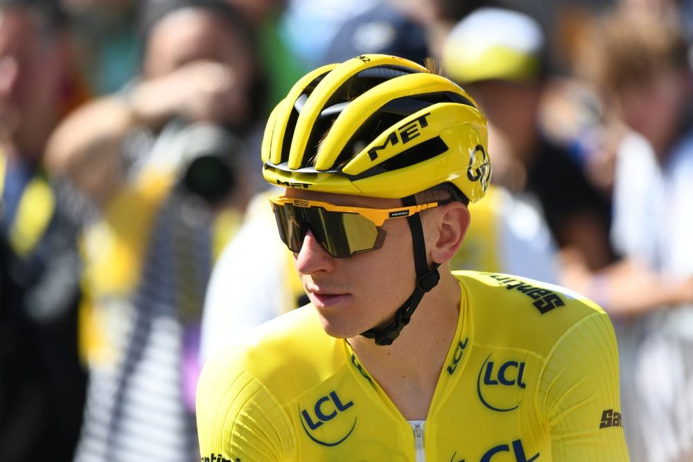 Tadej Pogačar wearing the yellow jersey at the 2025 Tour de France.
