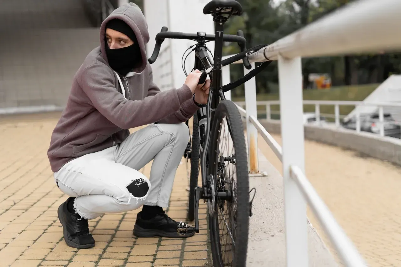 bicycle thief attempting to cut bike lock and steal a bicycle