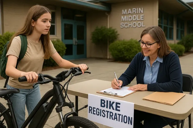 middle school girl with her e-bike at a Marin County middle school registering her bike per CA AB1778