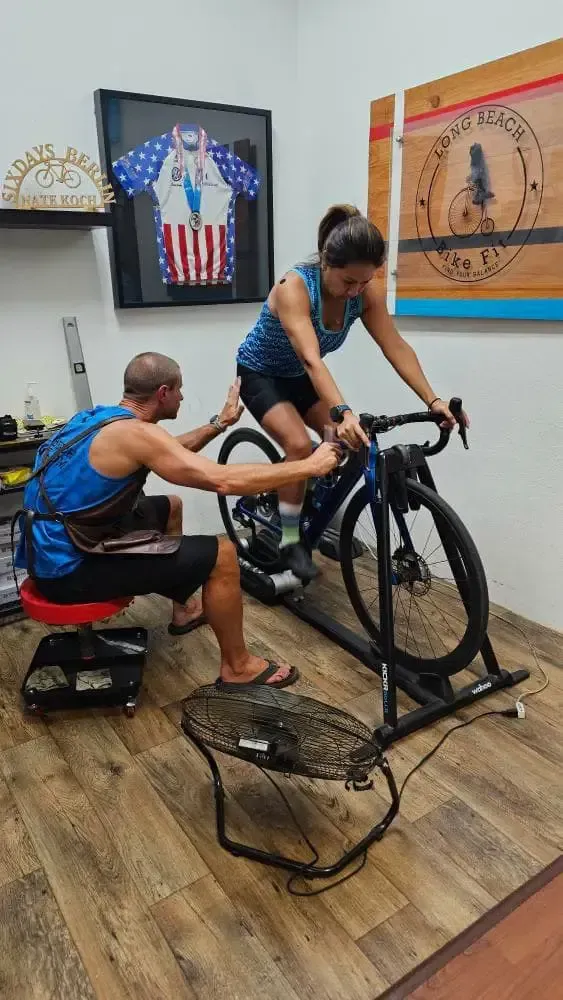 female cyclist being fit on her bicycle by Nate Koch of Long Beach Bike Fit