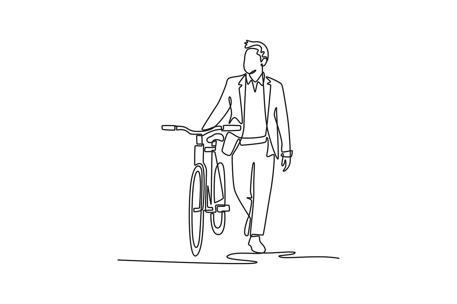 A young Business Man Going to Work by Bike. Bike to Work Day. Single-line draw design.