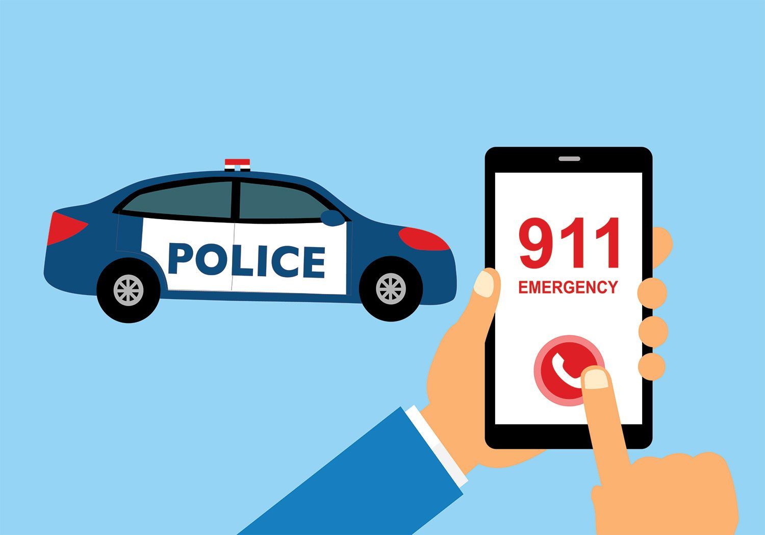 Illustration of a police car and hands holding a cell phone dialing 911 for emergency services