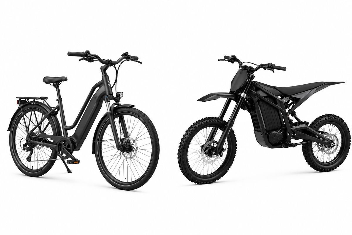 Two black and white images- one of a legal e-bike with pedals, the other is an illegal e-motorcycle without pedals