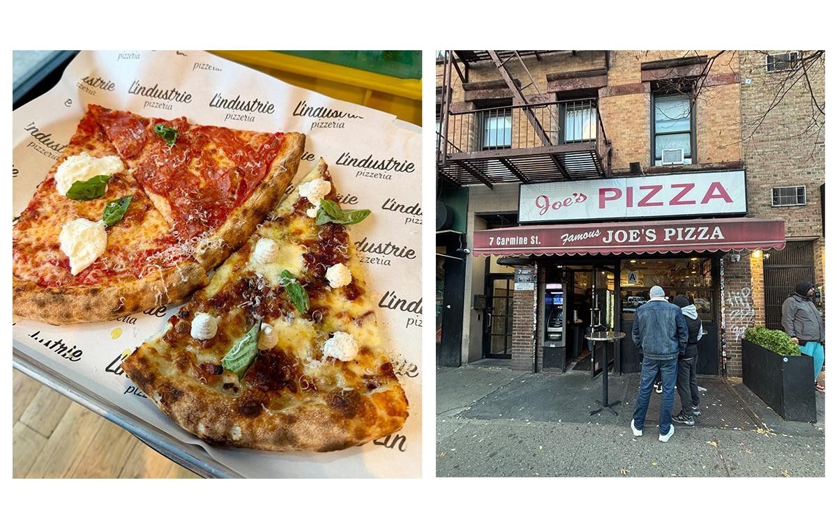 Three slices of gourmet pizza on a tray at L’industrie pizzeria in Brooklyn, NY, and Joe’s Pizza in Greenwich Village