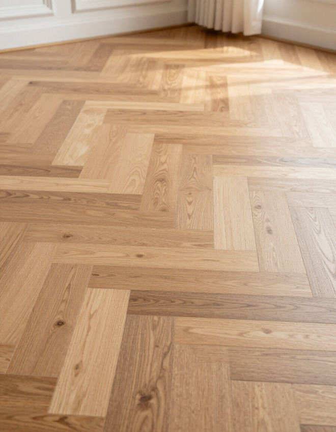 Dettaglio di pavimento in legno con spina francese e quadrotte.