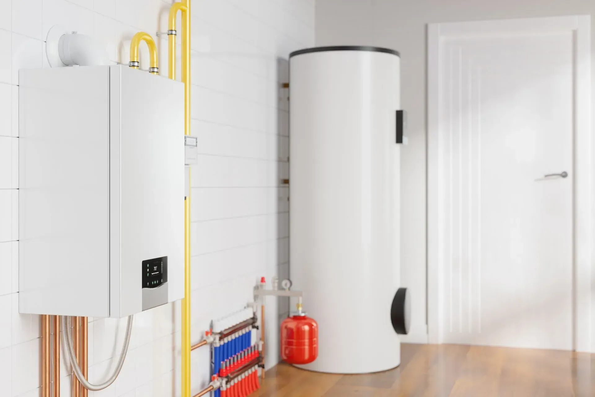 White water heater and tank system in a utility room, featuring gas and water pipes, and an expansion tank.