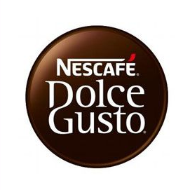 Logo Nescafé Dolce Gusto in un cerchio marrone, testo bianco.