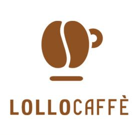 Logo per Lollo Caffè. Forma di chicco di caffè marrone che forma una tazza con un manico sopra il nome del marchio