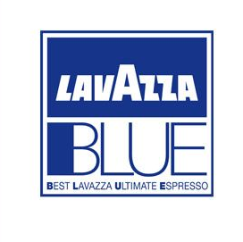 Logo del caffè Lavazza Blue in un riquadro blu con testo bianco: