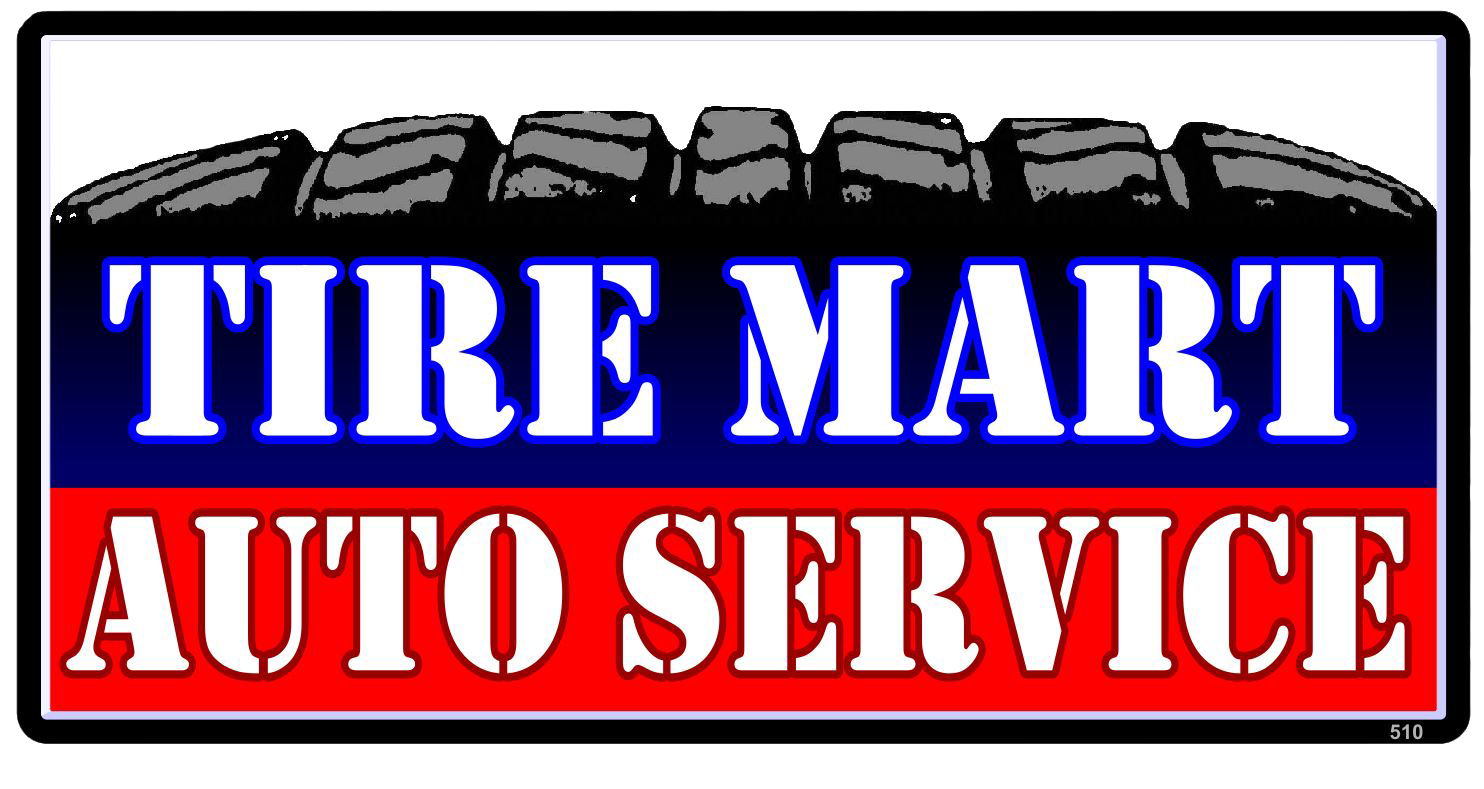 Tire Mart Auto Service sign in bold blue and red lettering on a black background.