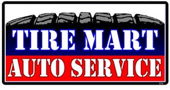 Tire Mart Auto Service sign in bold blue and red lettering on a black background.