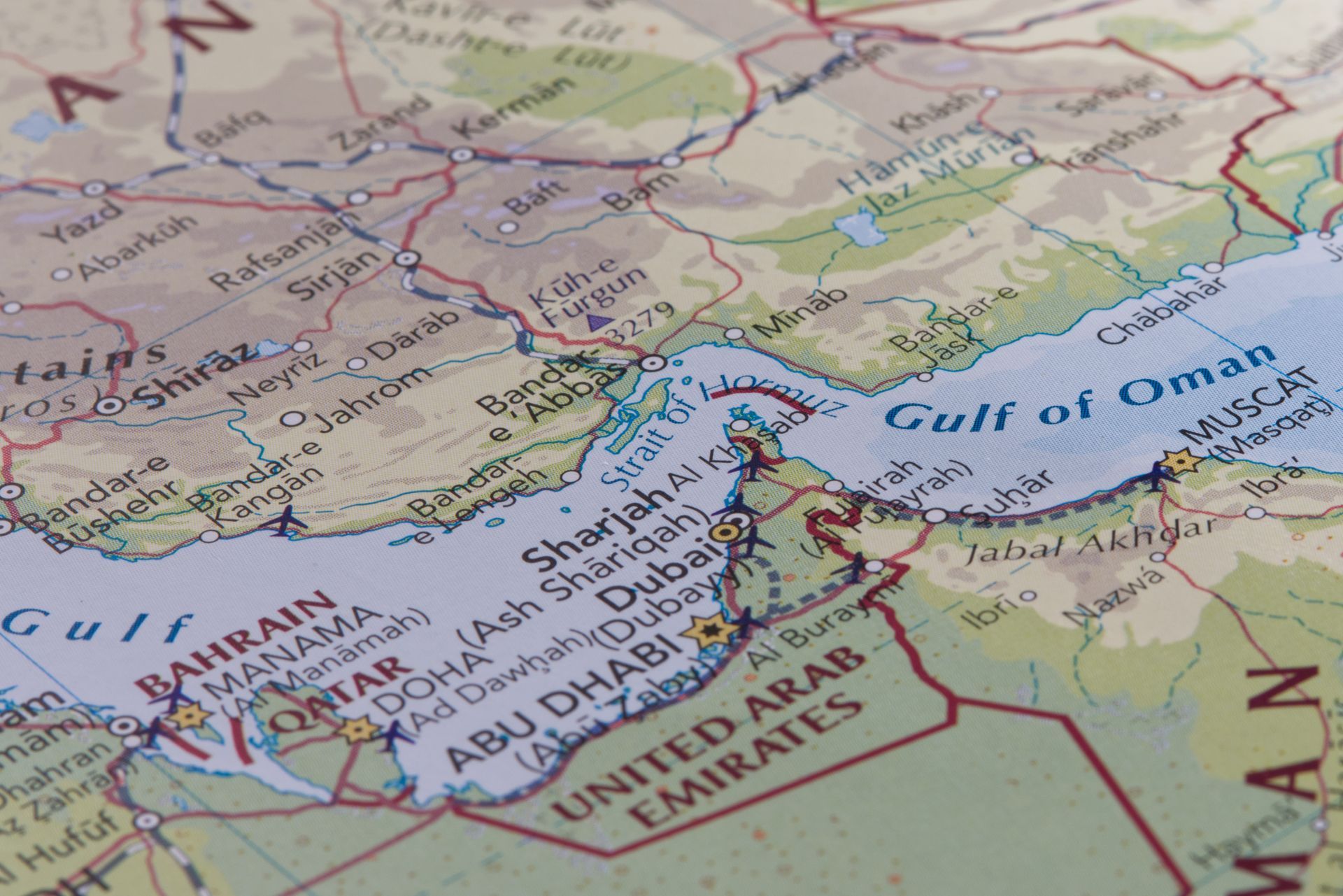 A map showing the Persian Gulf, Gulf of Oman, and surrounding countries, including the UAE, Qatar, and southern Iran.