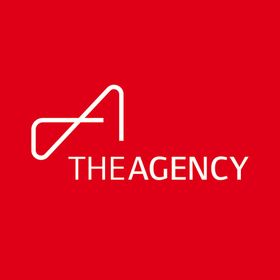 A red background with a white logo for the agency