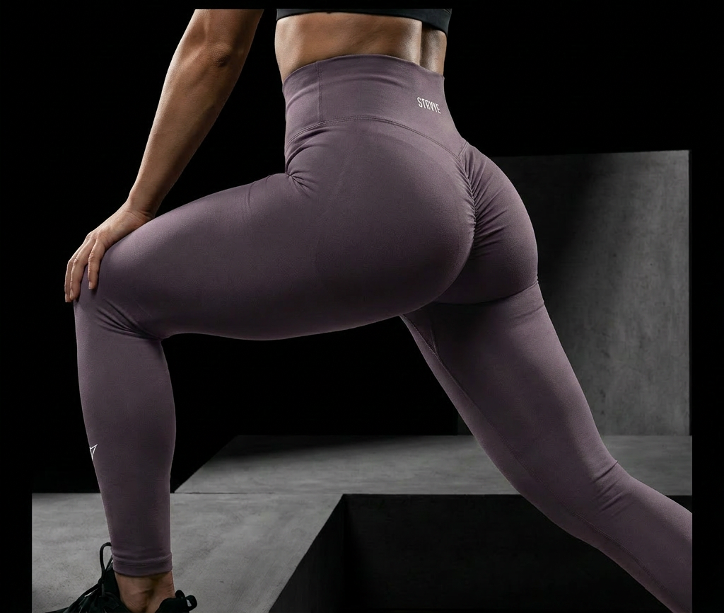 Person exercising on a black and gray gym step, wearing mauve leggings in a lunge pose