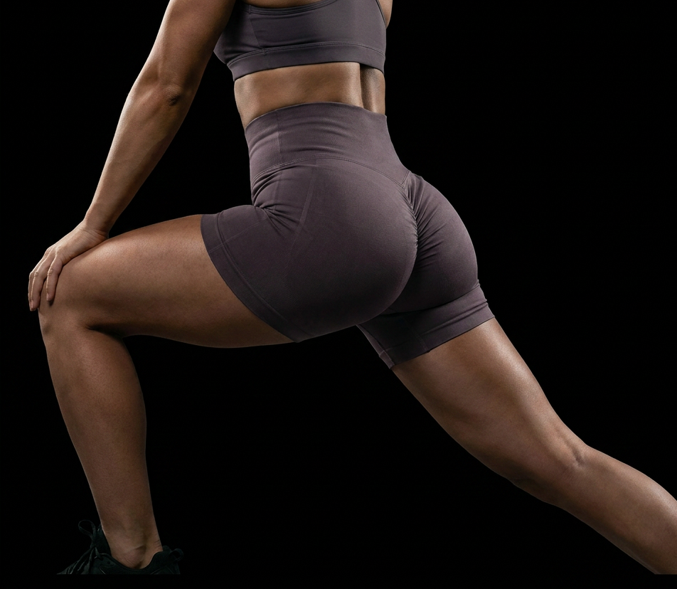 Woman in athletic wear stretching in a deep lunge against a black background