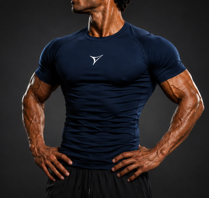 Muscular athlete in a navy fitted shirt standing with hands on hips against a dark background