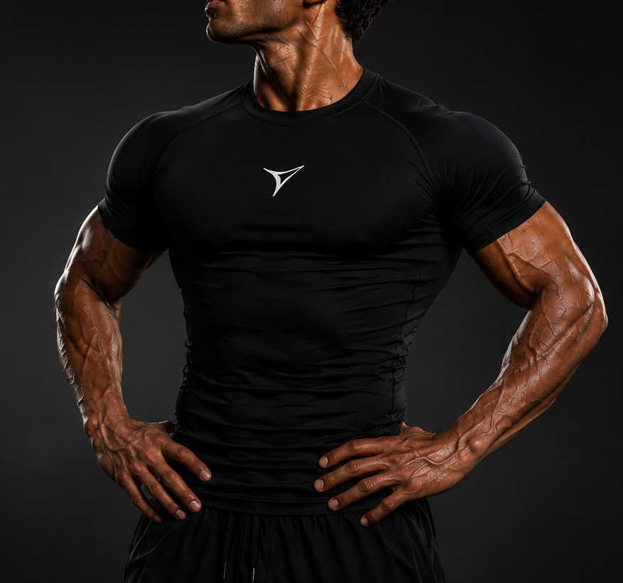 Muscular athlete in a black fitted shirt, hands on hips, against a dark studio background