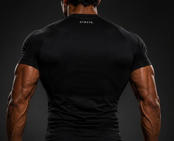 Muscular athlete in a black fitted shirt, hands on hips, against a dark studio background