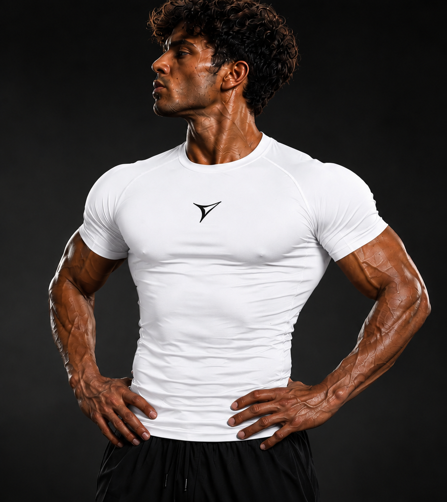 Muscular athlete in a white fitted shirt, standing with hands on hips against a dark background