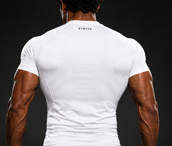 Athletic man in a white fitted shirt posing with hands on hips against a dark background