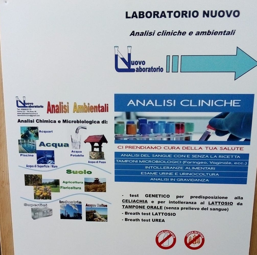 Insegna per Laboratorio Nuovo con la dicitura “Analisi Cliniche” e i servizi di analisi ambientale elencati in blu e bianco.