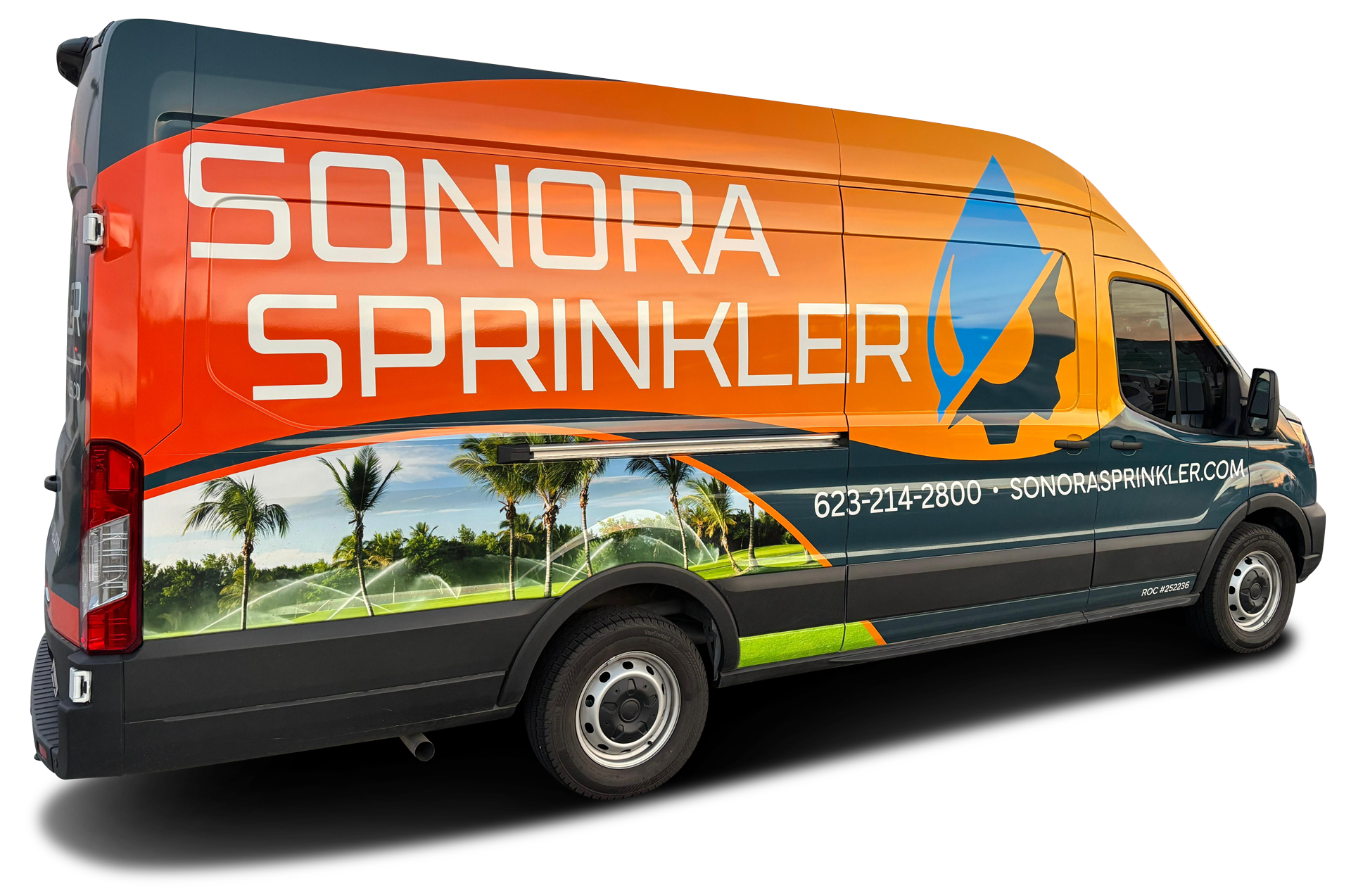 Sonora Sprinkler van with business logo on the side; orange, blue, and green colors.