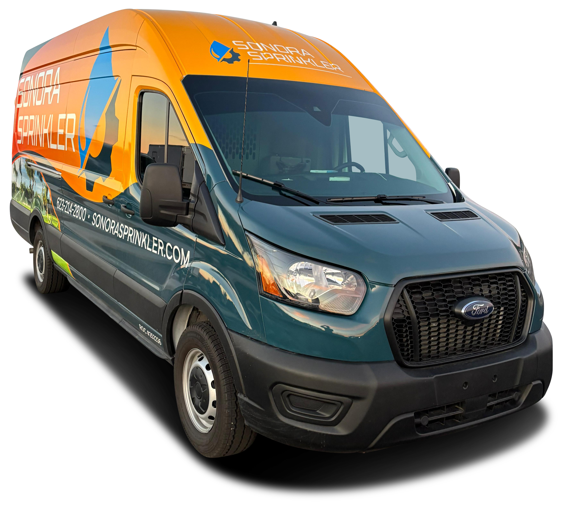 Green and orange Sonoma Sprinkler van parked outside.