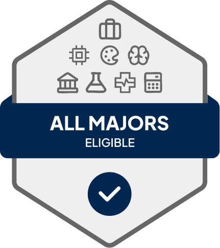 Badge with blue banner: 