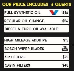 Auto service price list: full synthetic oil $96, regular oil change $56, filters and wiper blades listed