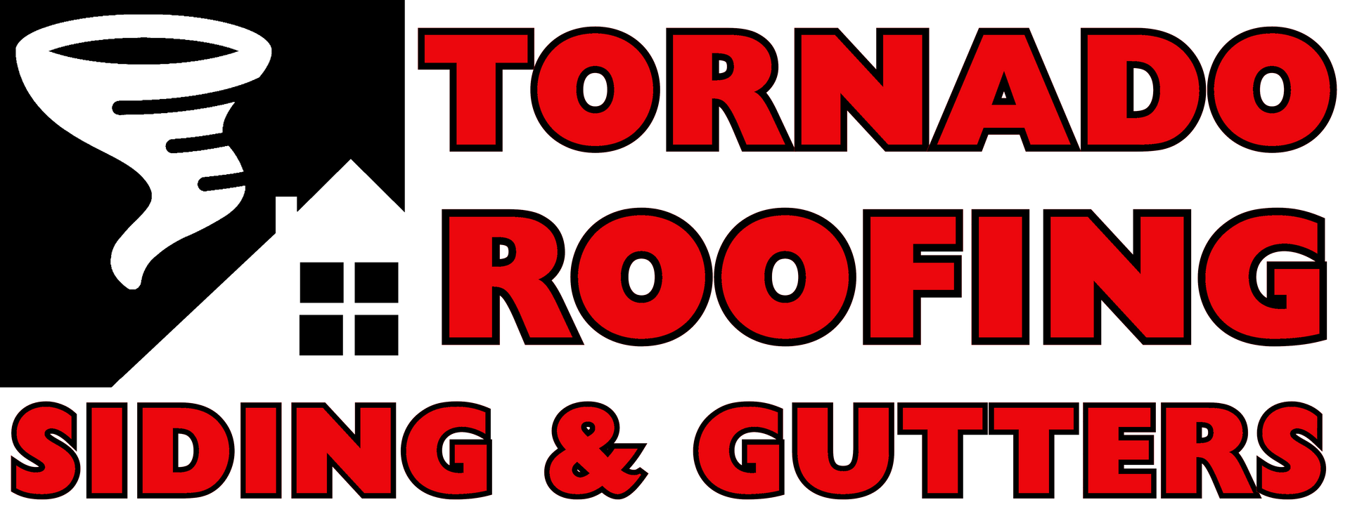 Logo for Tornado Roofing, siding and gutters. Features a tornado symbol and house graphic, red text.