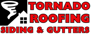 Logo for Tornado Roofing, siding and gutters. Features a tornado symbol and house graphic, red text.