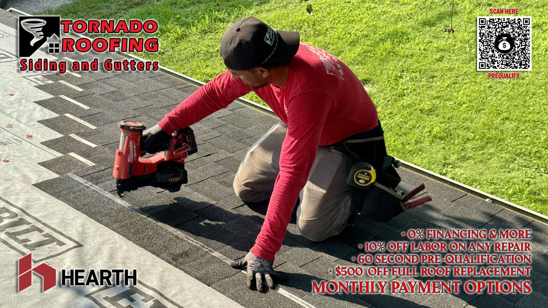 Person cutting asphalt shingles on a rooftop with utility knives; daylight setting.