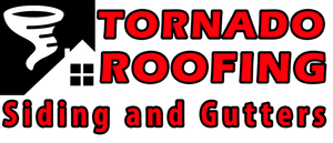 Logo for Tornado Roofing, siding and gutters. Features a tornado symbol and house graphic, red text.