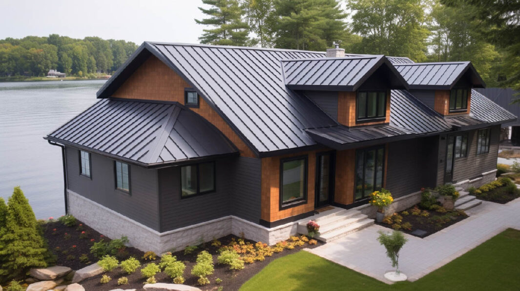 Modern home with dark metal roof, lake view, gray siding, wood accents, and lush landscaping.