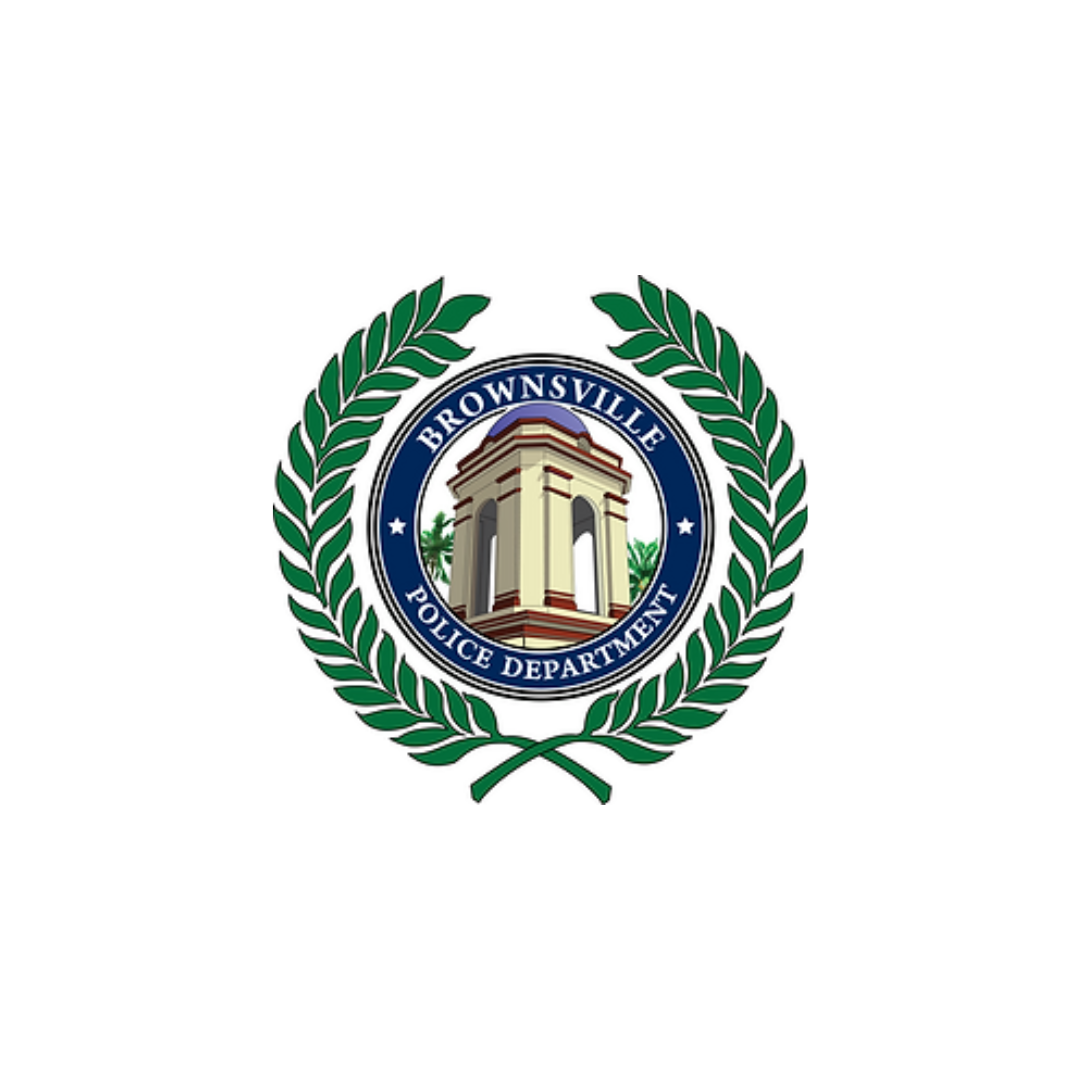 The brownsville police department logo is a laurel wreath with a building in the center.