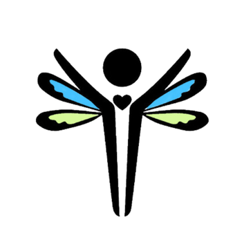 A stylized figure with dragonfly wings, heart-shaped torso, blue and green wings, and black head.