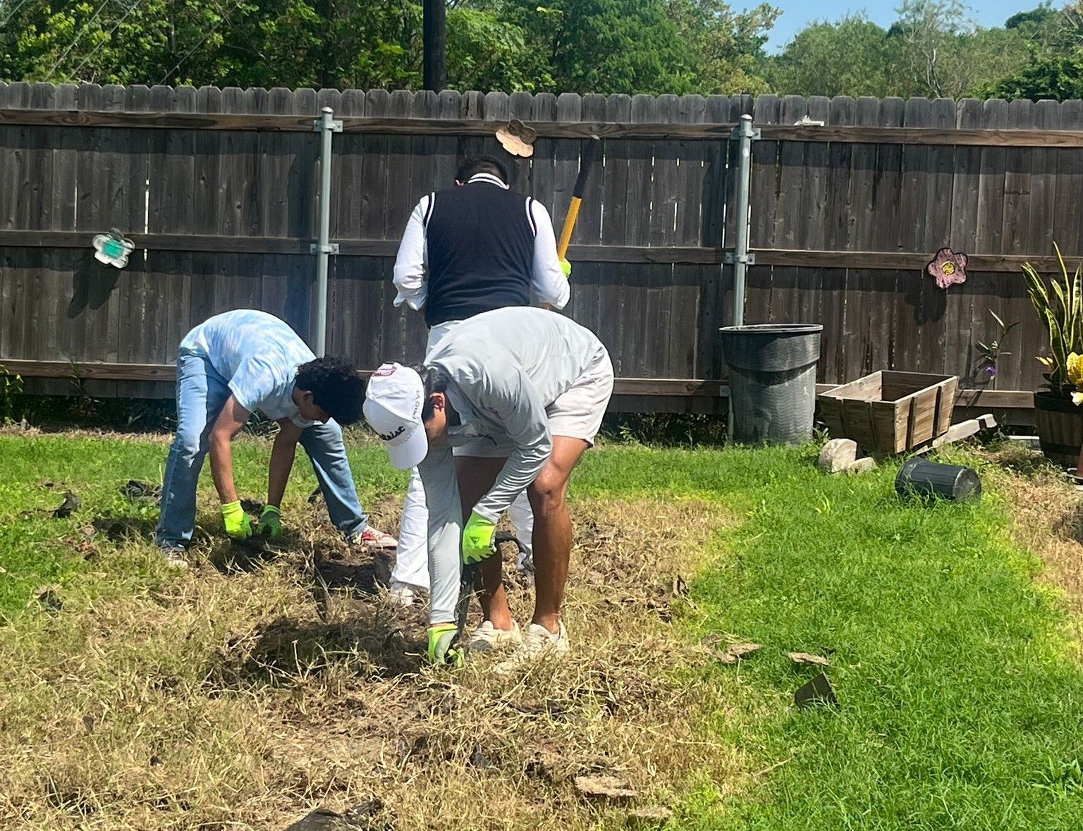 Three people working in a yard clearing a patch of dead grass near a wooden fence.