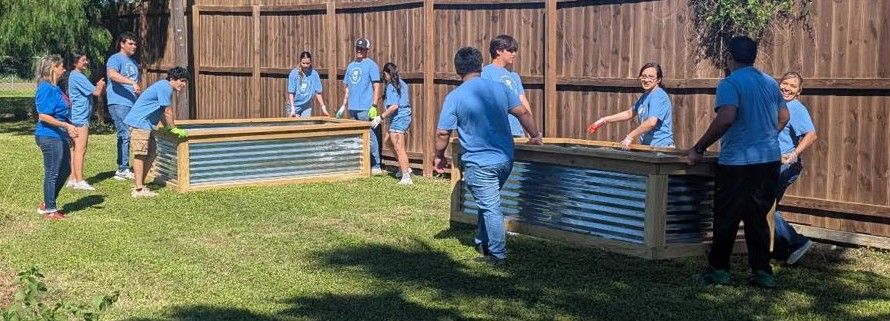 Group of people assembling garden beds in a backyard with wooden fence and grass. They wear blue shirts.