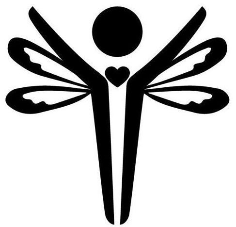 A black and white silhouette of a dragonfly with wings and a heart.