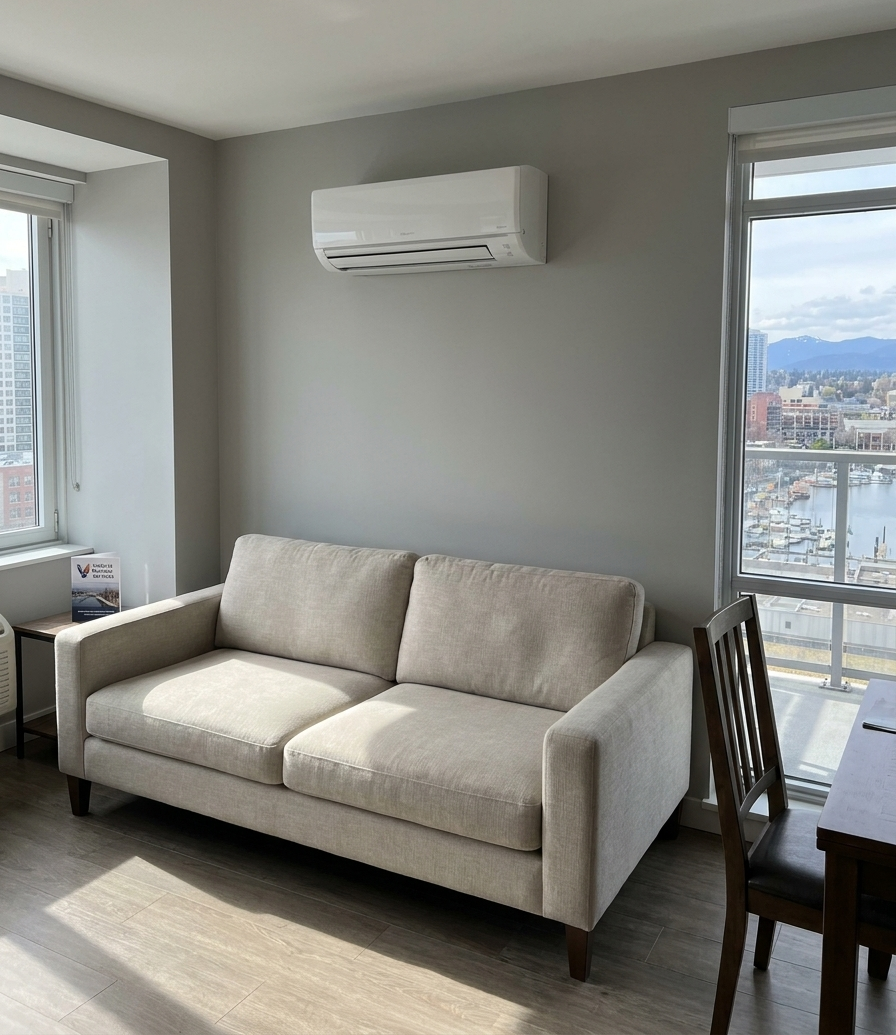 Bright living room with beige sofa, wall-mounted AC, and large windows overlooking a city skyline