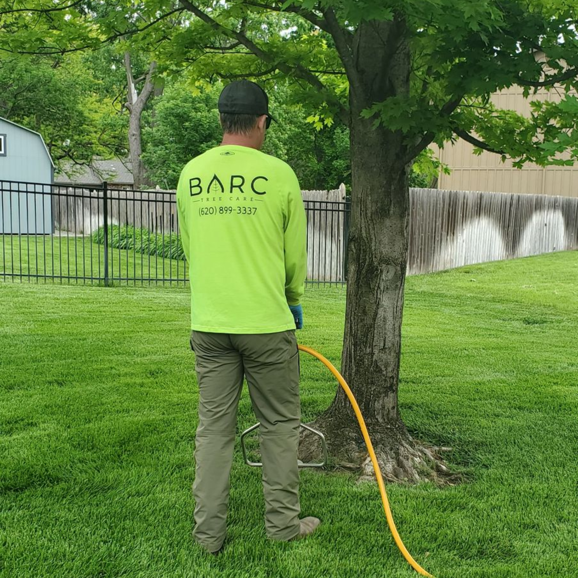 Person in a neon green shirt waters a tree with a yellow hose in a grassy yard.