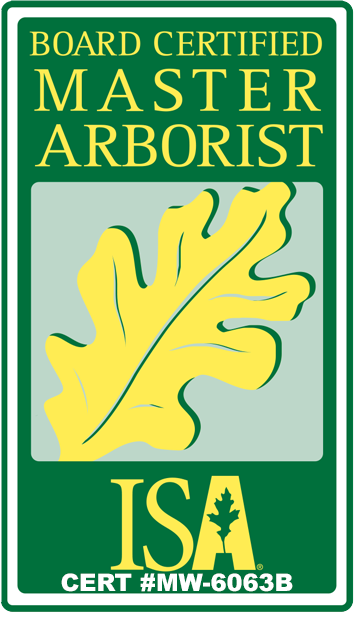 Board Certified Master Arborist ISA certification logo with green background and yellow oak leaf