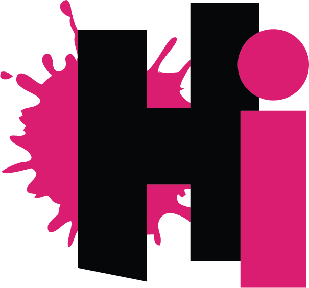 Black and pink “Hi” logo with a magenta paint splatter behind the letters
