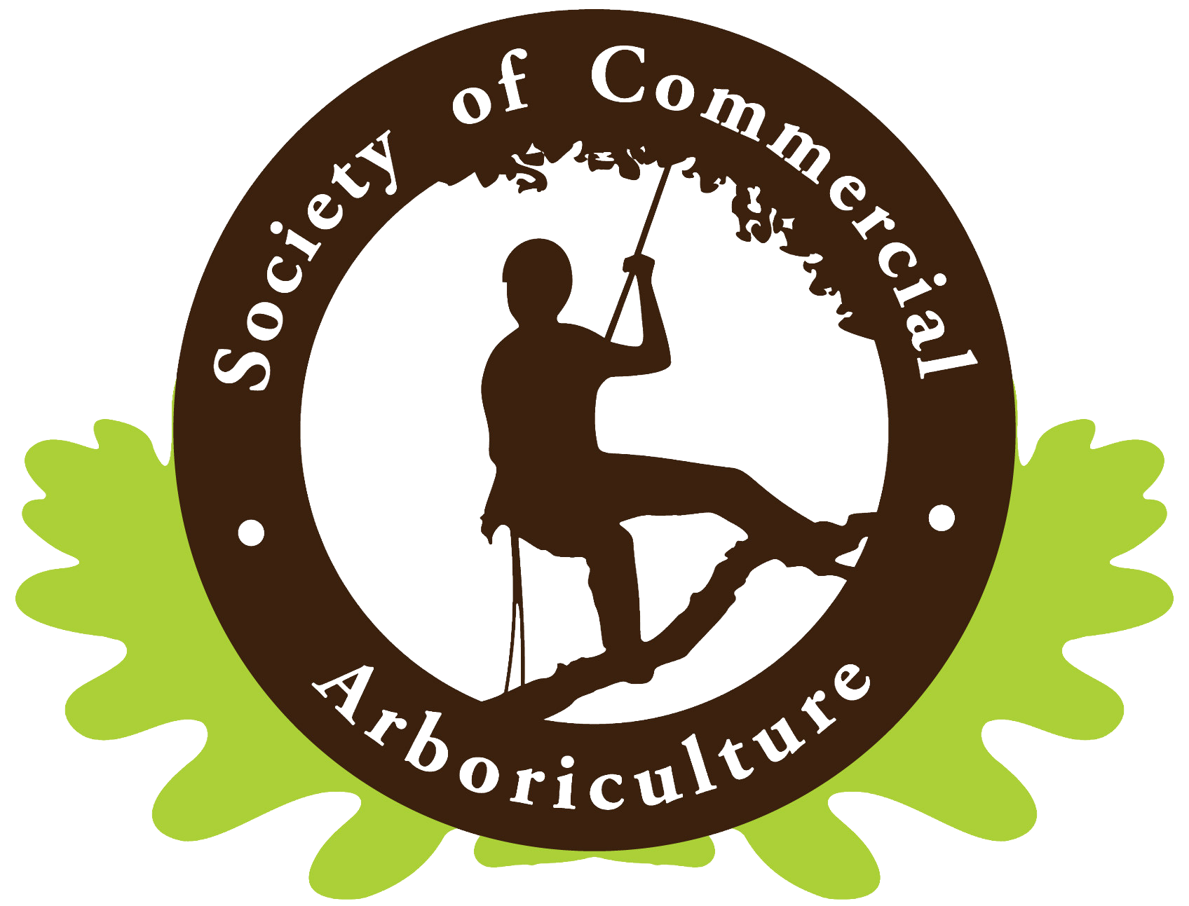 Society of Commercial Arboriculture logo with brown circular emblem and green leaves