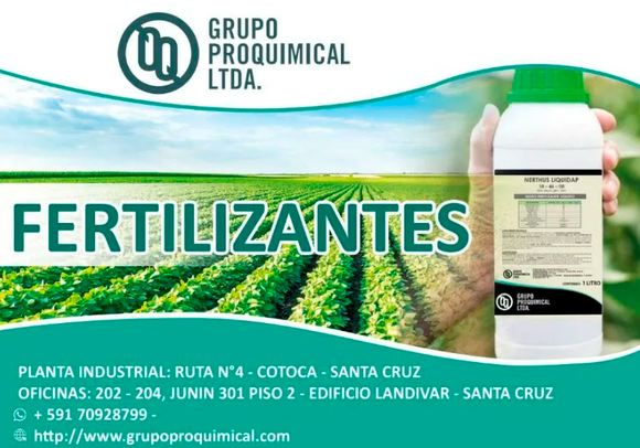 Un anuncio de los productos fertilizantes de Grupo Proquimical que muestra un campo de cultivo.