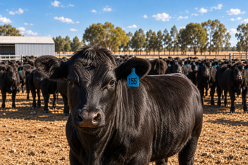 Black Angus cow with a blue livestock ear tag
